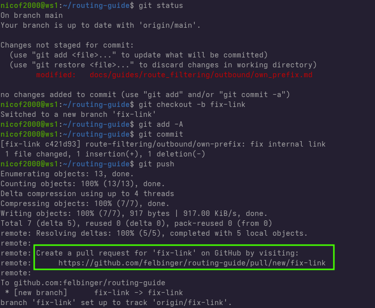 git push shows a link to create the pull request